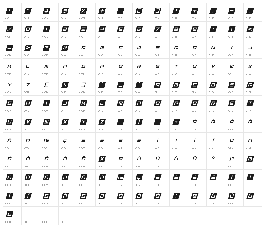 Alien Skyline Italic Character Map