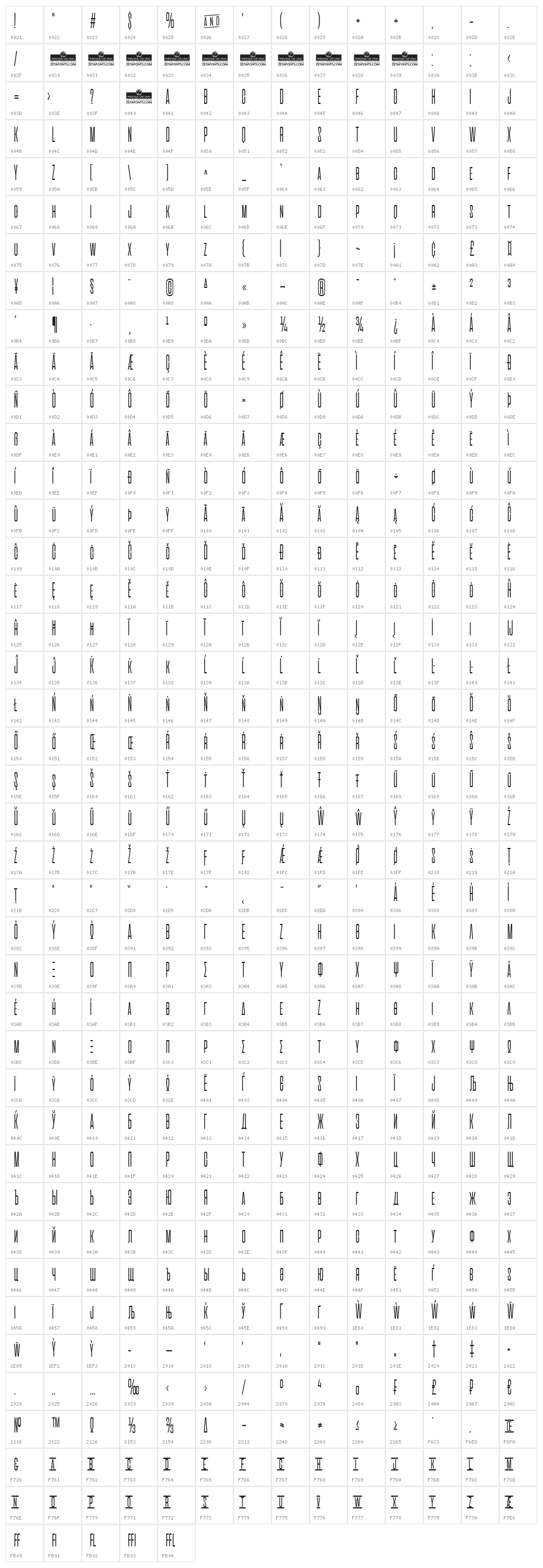 Aliens & cows ExtraLight Character Map