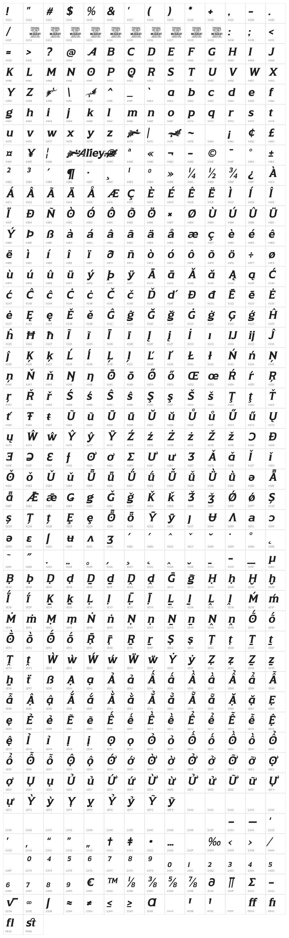 Aliey PERSONAL USE ONLY Regular Italic Character Map