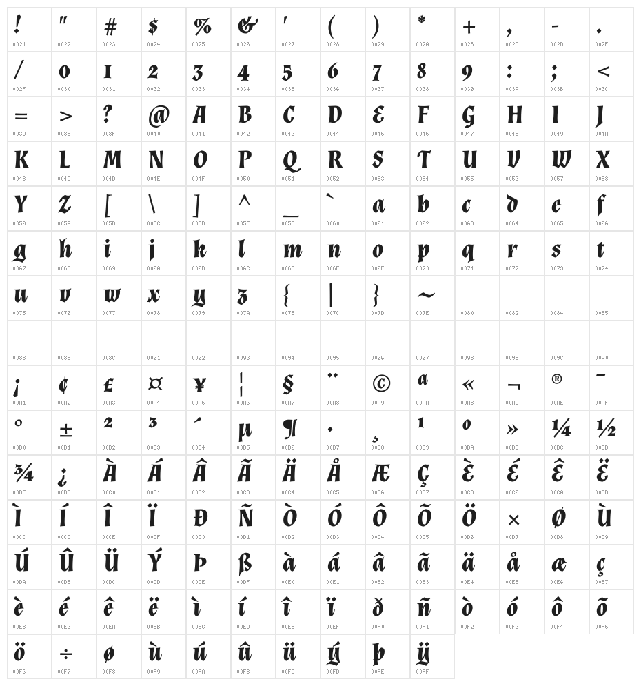 Almendra Bold Italic Character Map