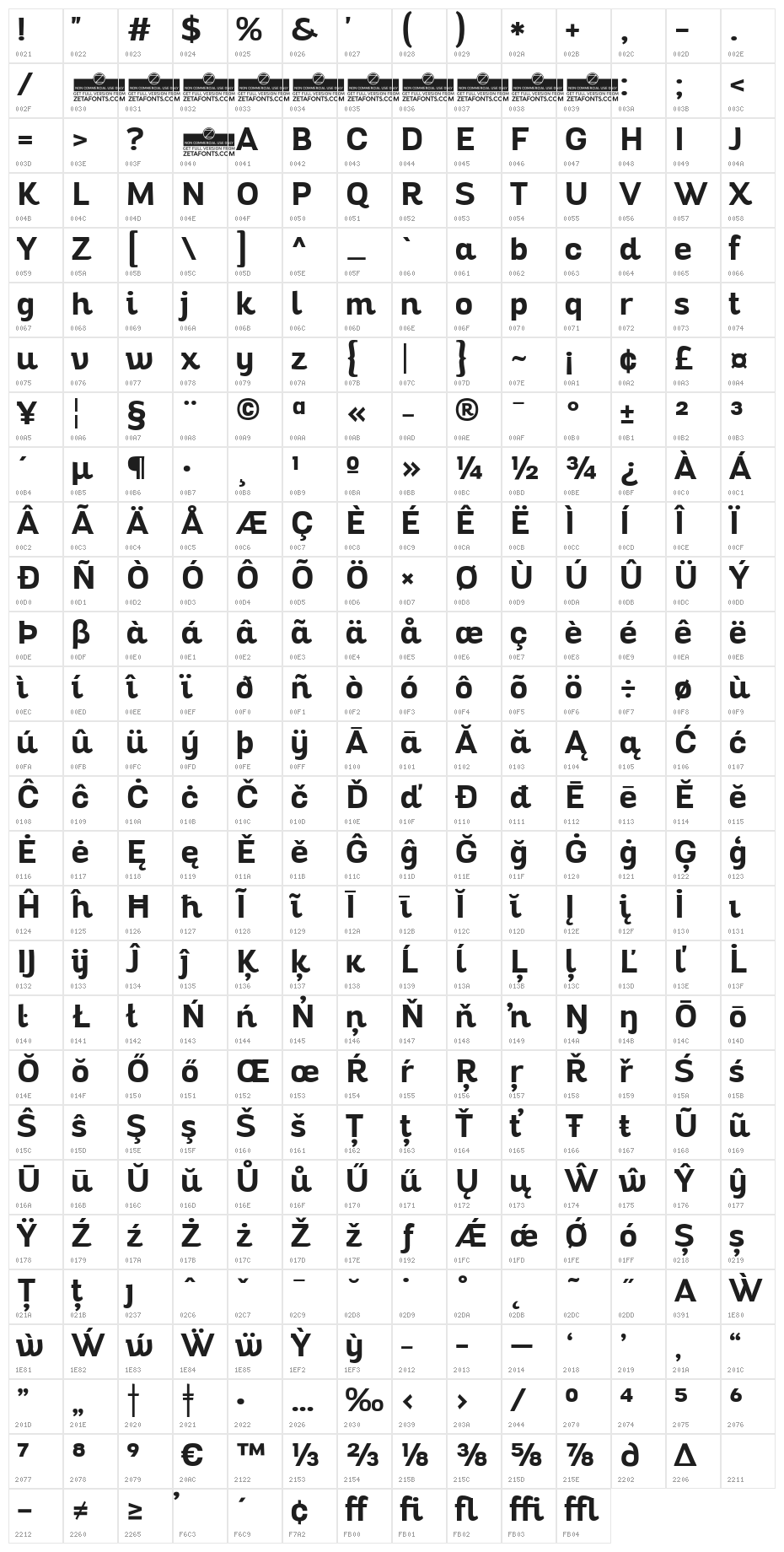 Altair Bold Character Map