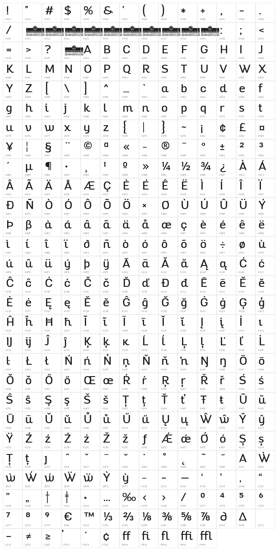 Altair-Regular Character Map