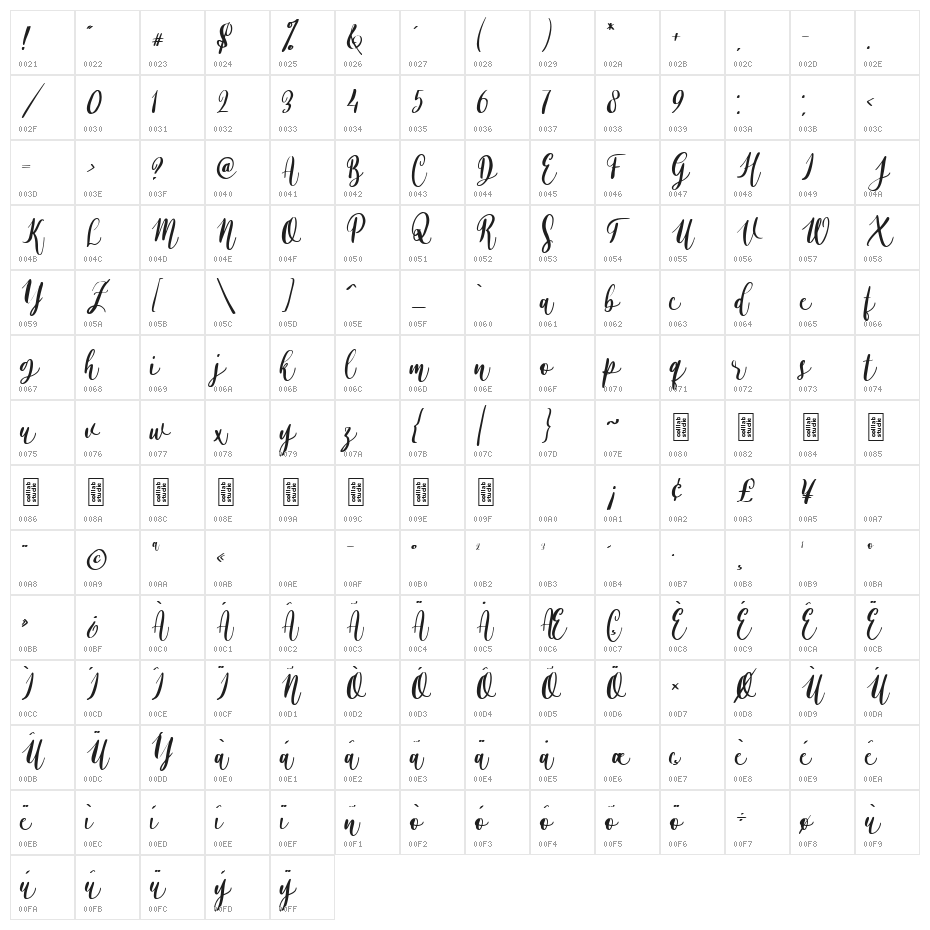 Alyssa Calligraphy Regular Character Map