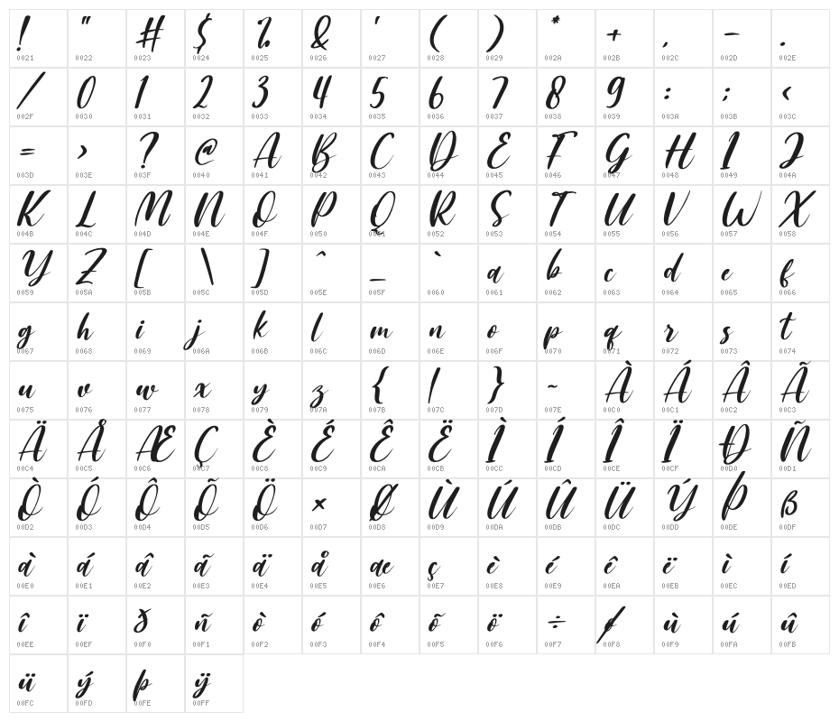 Amallia and Ronaldo Italic Character Map