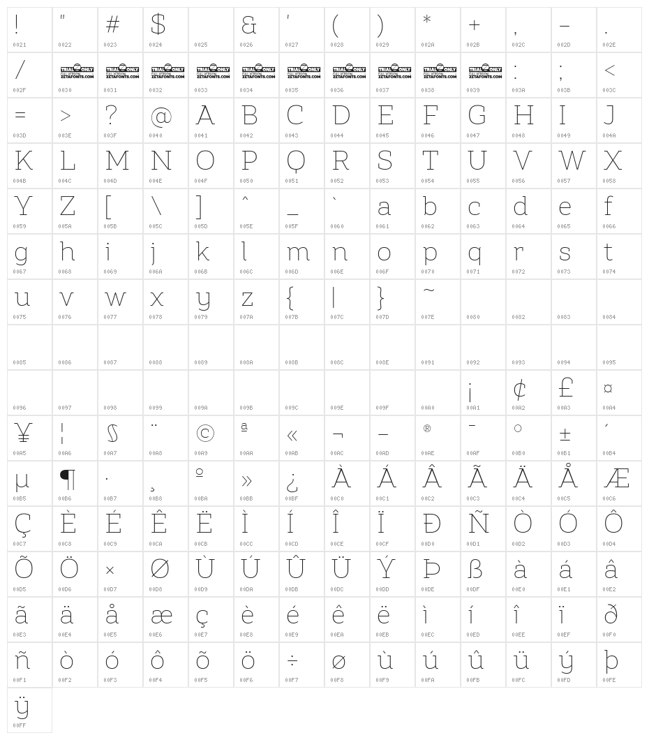 Amazing Slab Trial Extralight Character Map