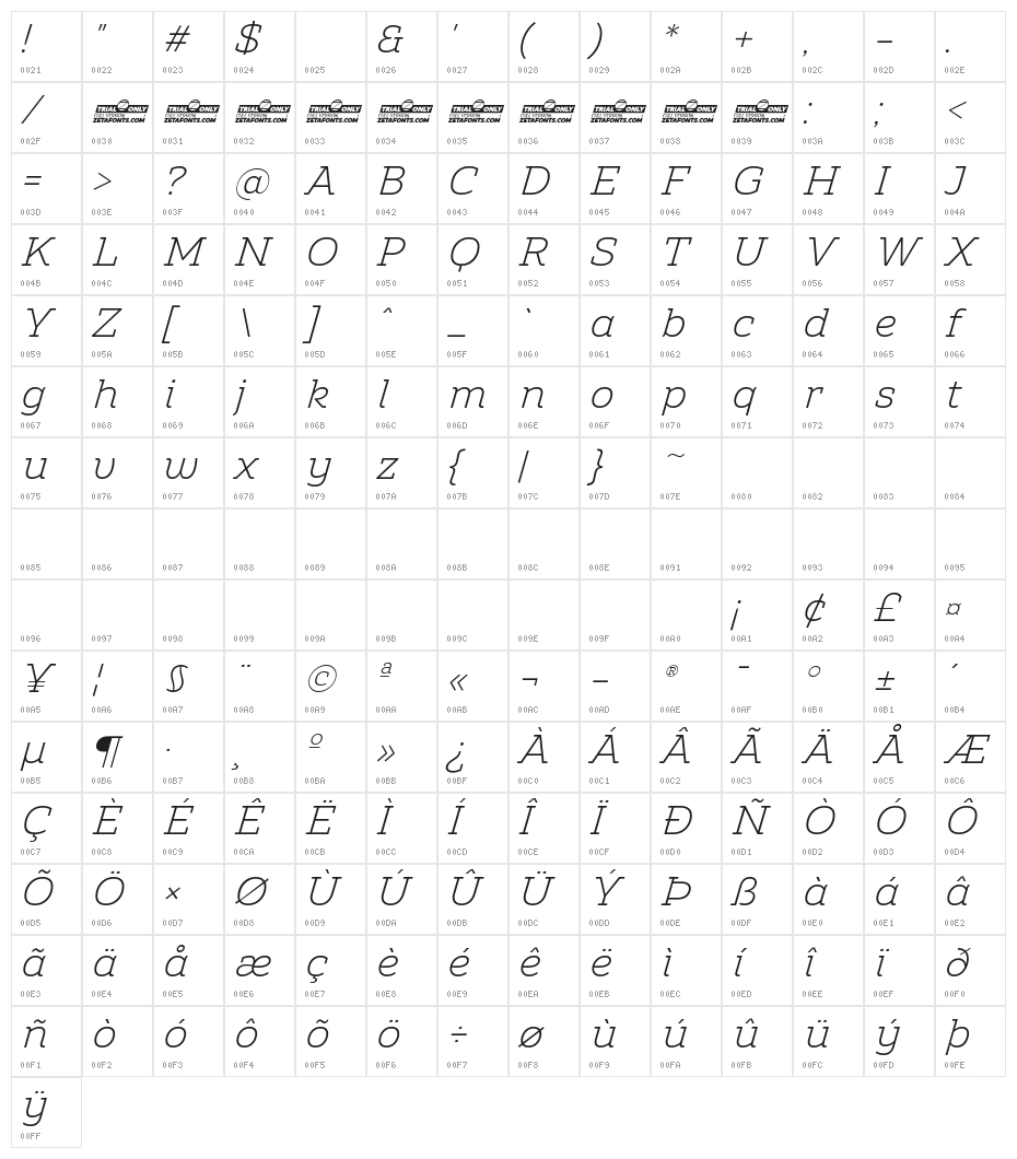 Amazing Slab Trial Light Italic Character Map
