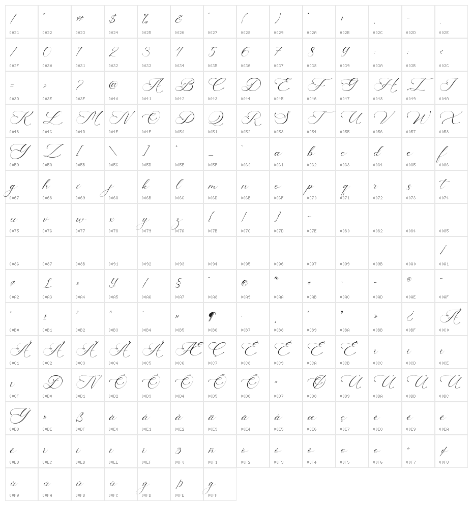 America Calligraphy Character Map
