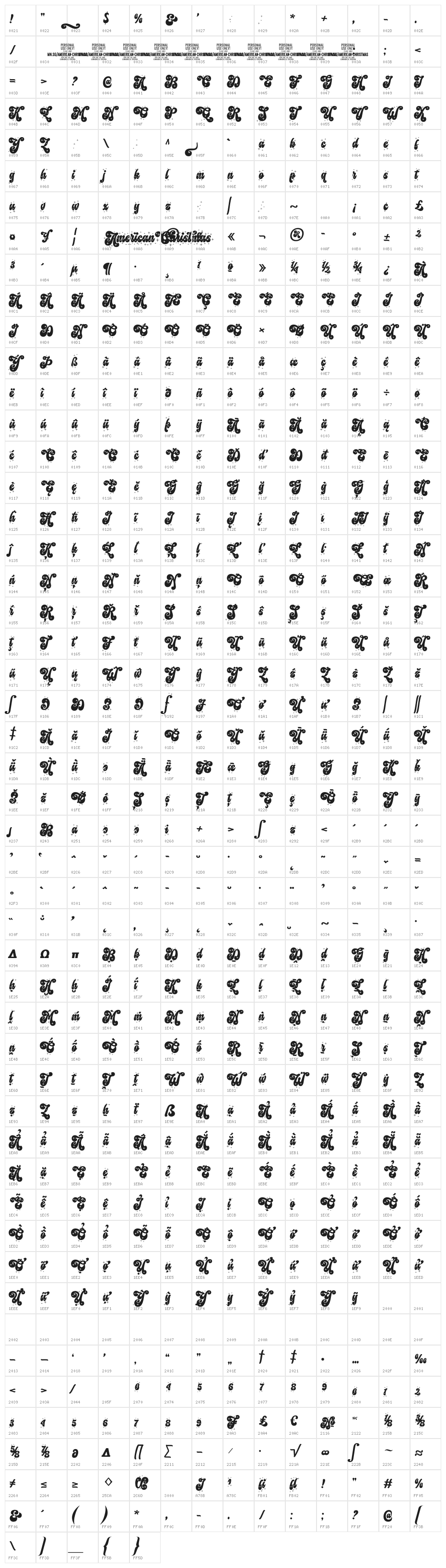 American Christmas PERSONAL Regular Character Map