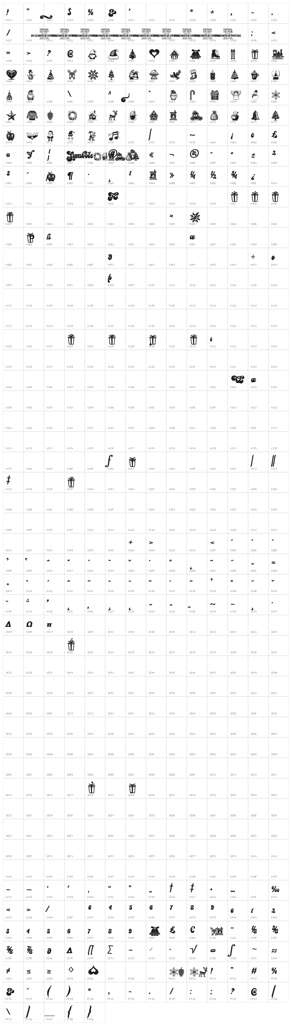 American Christmas Symbols Regular Character Map