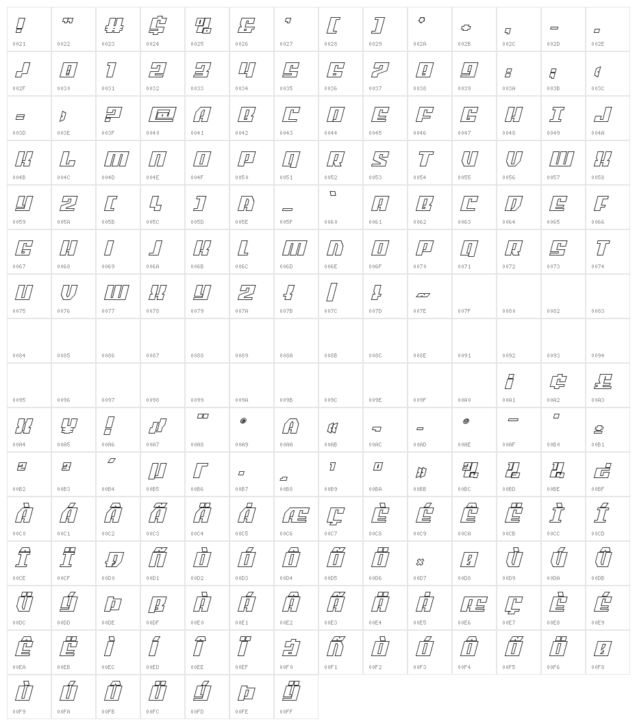 American Grain Bold Outl Itali Character Map