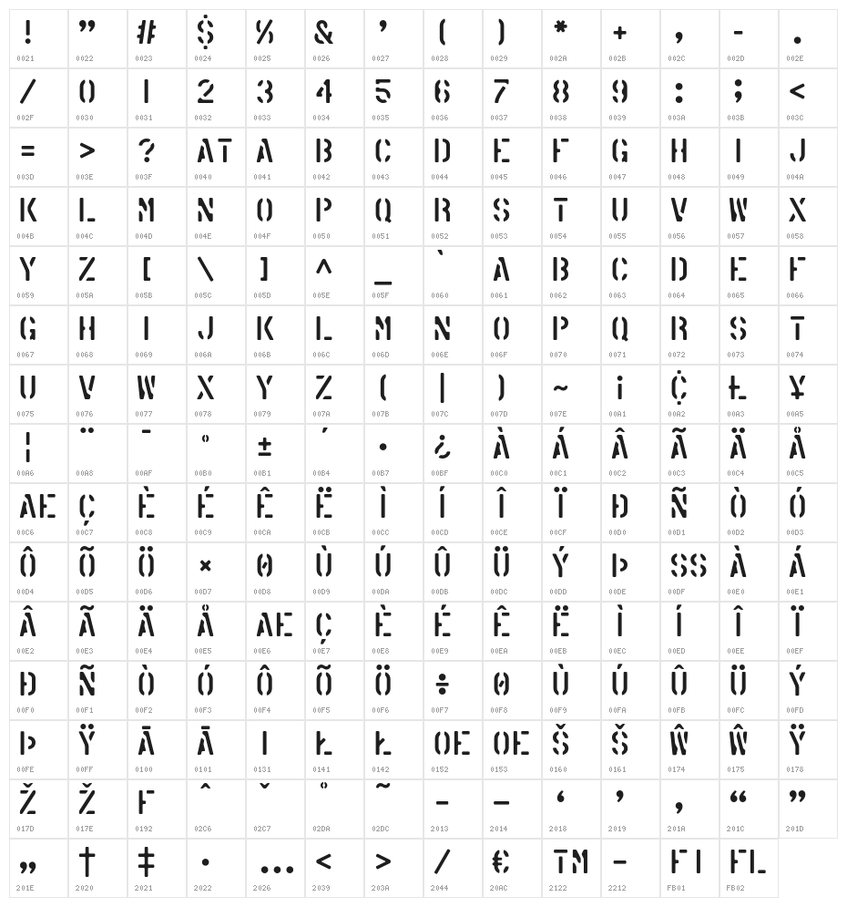 AmericanStencil Character Map