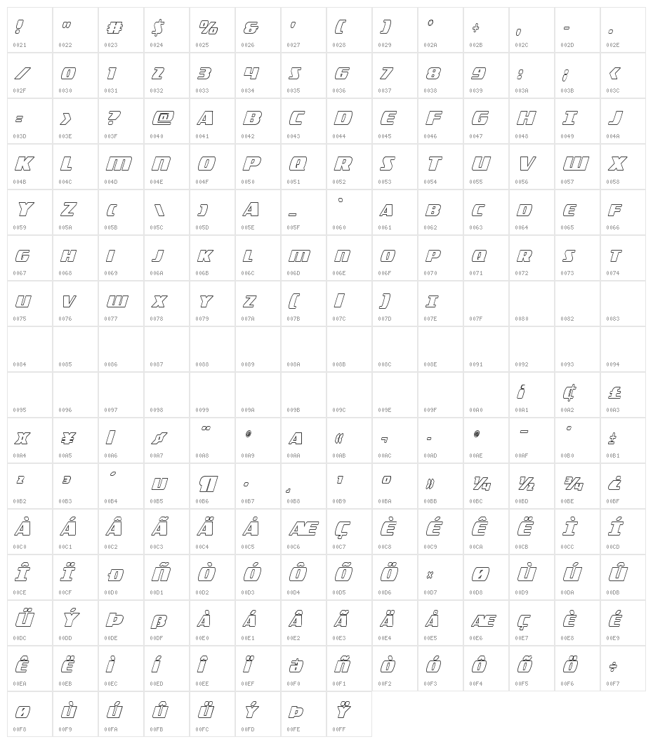Americorps Outline Extra-Condensed Character Map