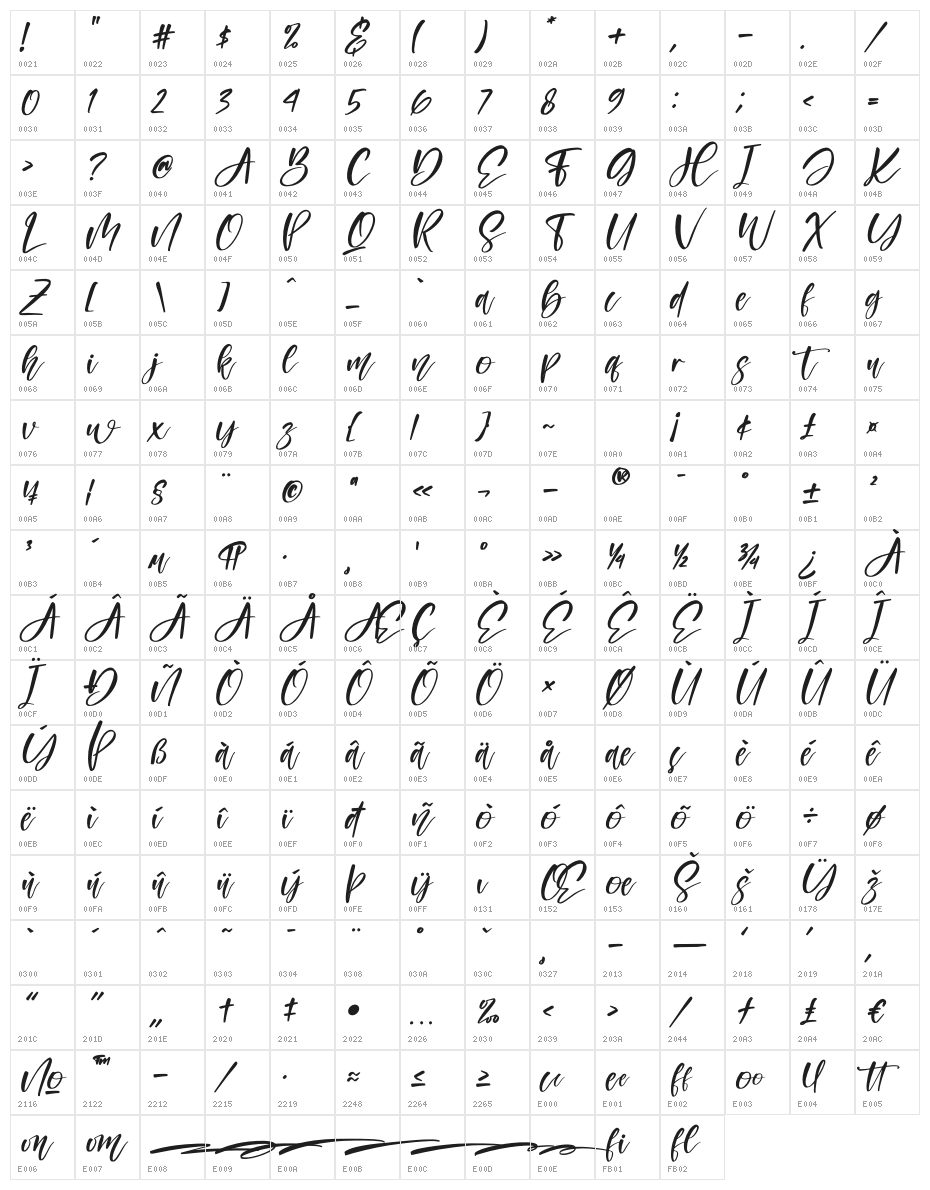 Amigoste Italic Character Map