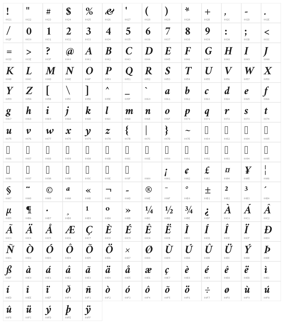 Amiri Bold Slanted Character Map