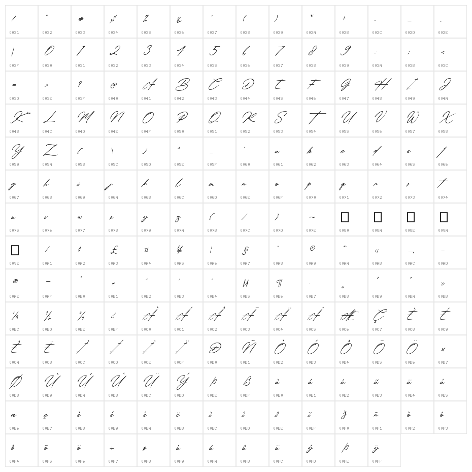 Amsterdam Signature Italic Character Map