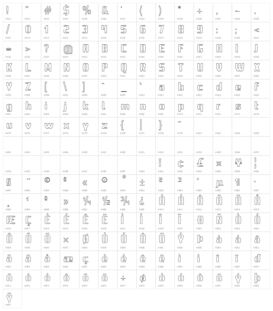 Amusette Outline Regular Character Map