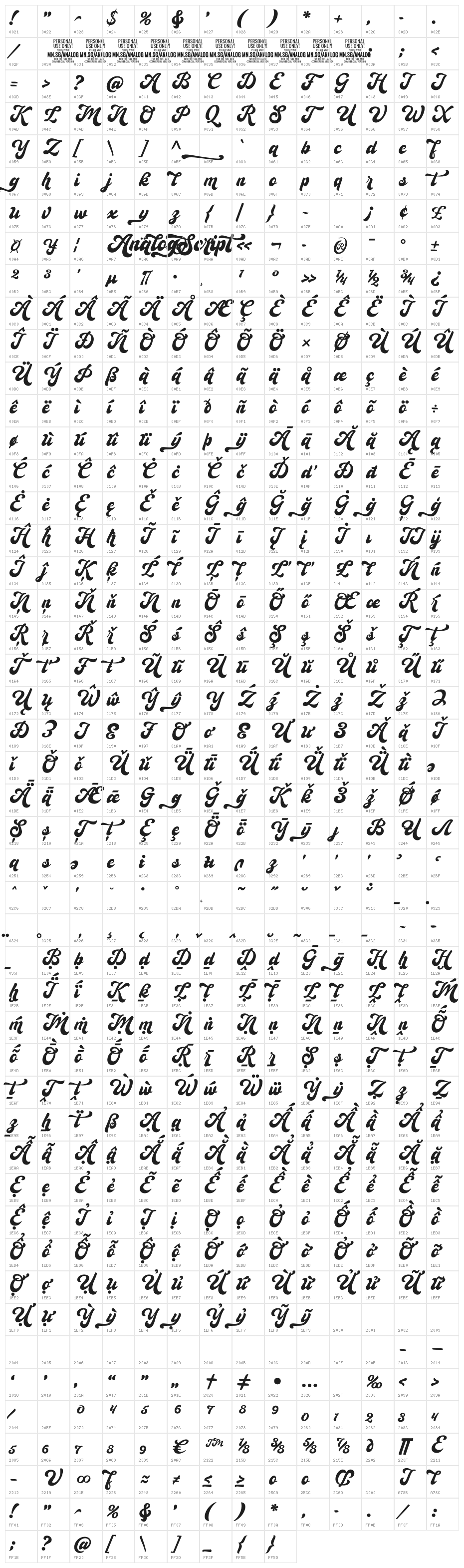 Analog Script PERSONAL USE Personal Character Map
