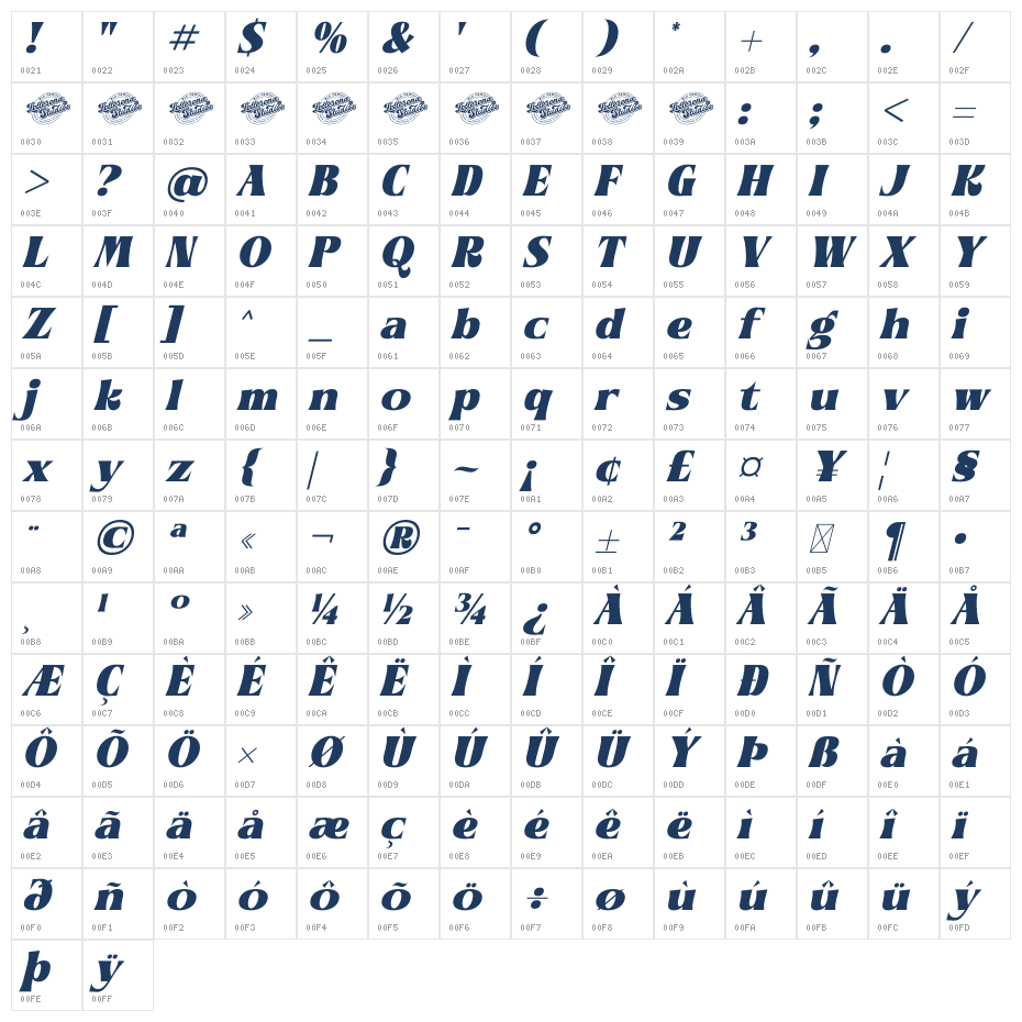 Andera Ninefold DEMO VERSION Italic Character Map