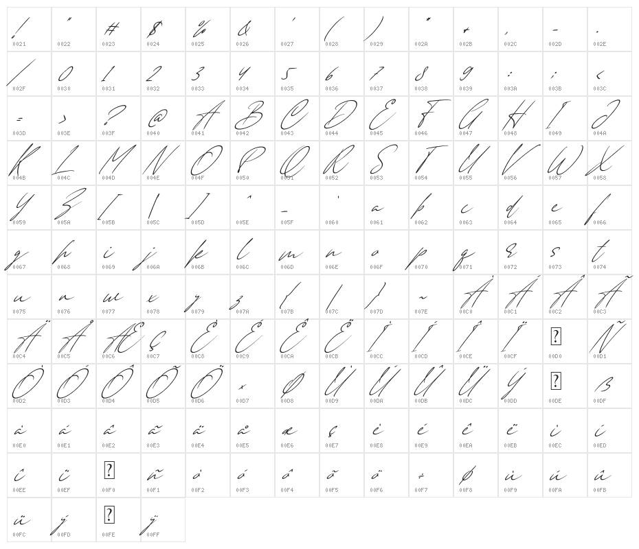 Anderson Signature Italic Character Map