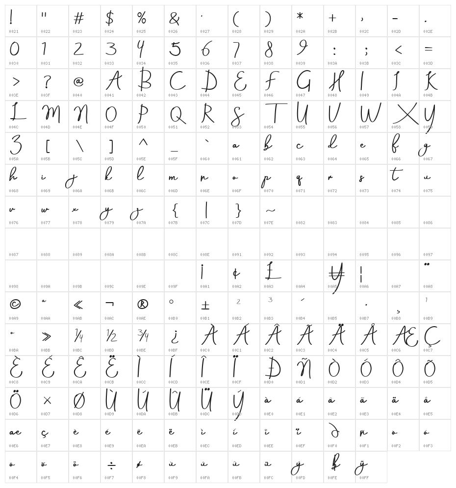 AneishaScriptBold Character Map