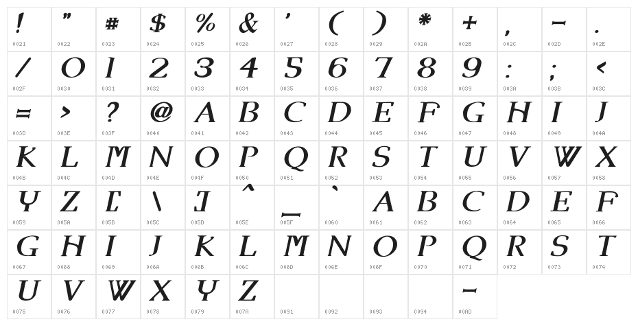 Angel Eyes Italic Character Map