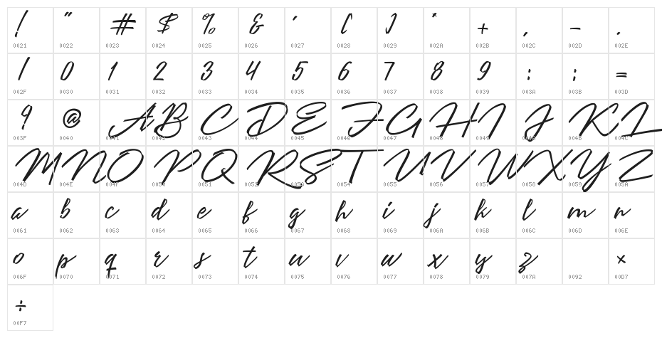 Angelines Script Character Map