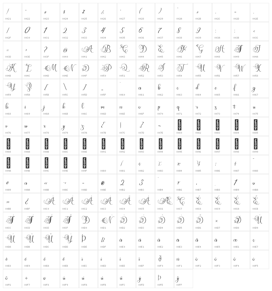 Angeliny Regular Character Map