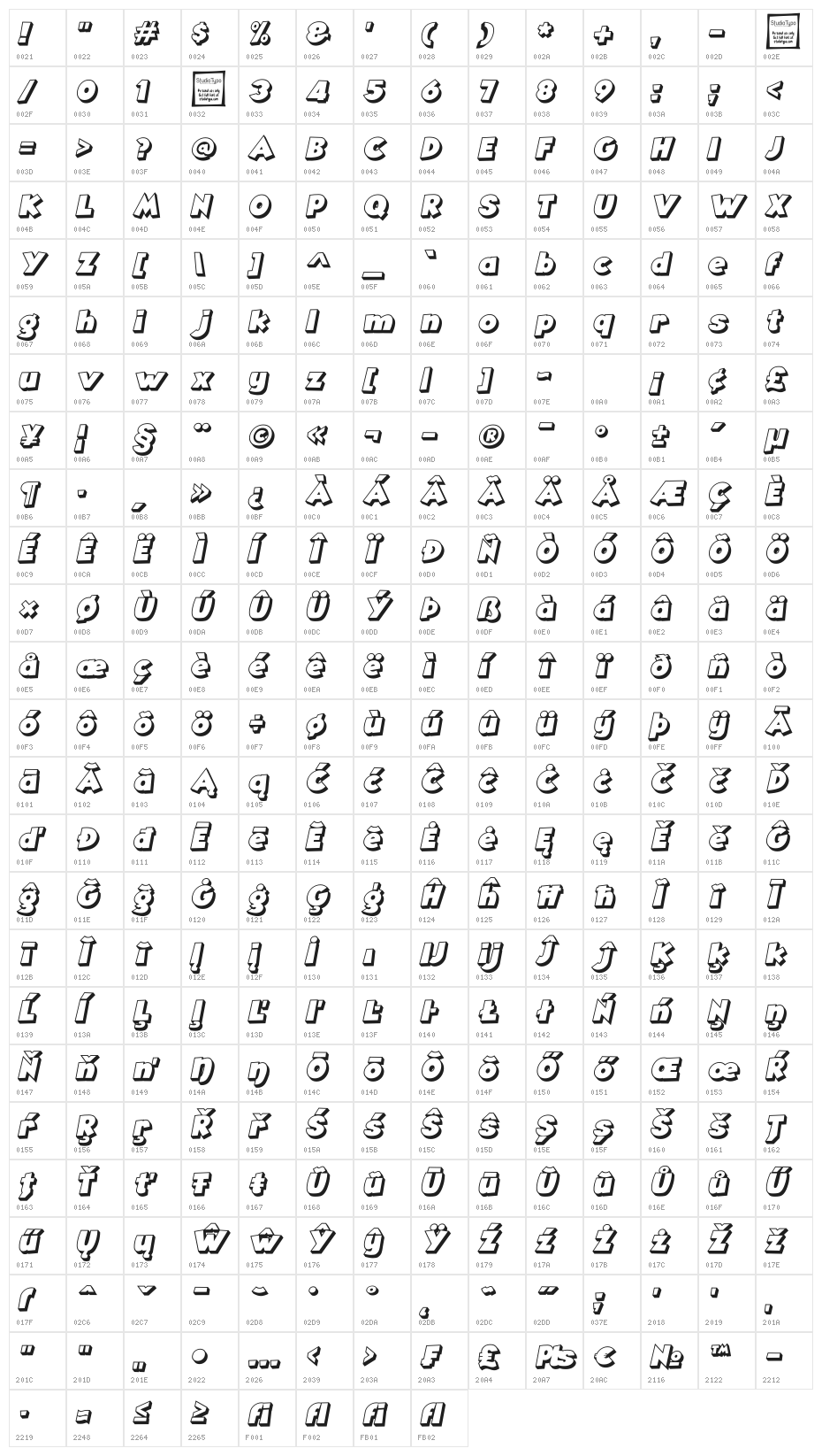 Angella Outline Italic Character Map