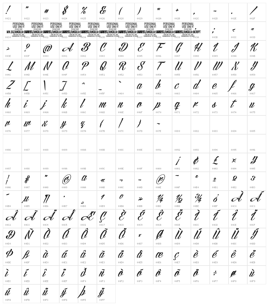 AngillaScriptPERSONALUSE Character Map