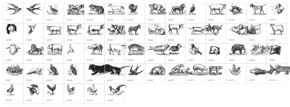 Animals Old Cuts Character Map