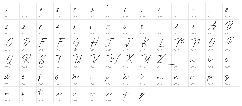 Anstery Script Character Map