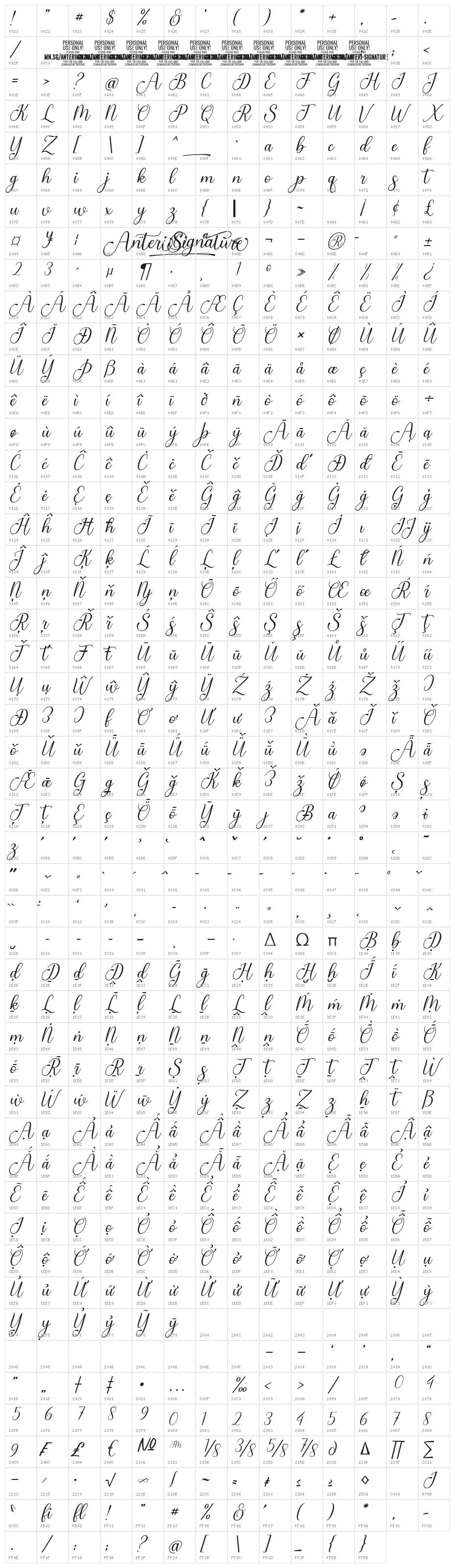 Anteri Signature PERSONAL USE Regular Character Map