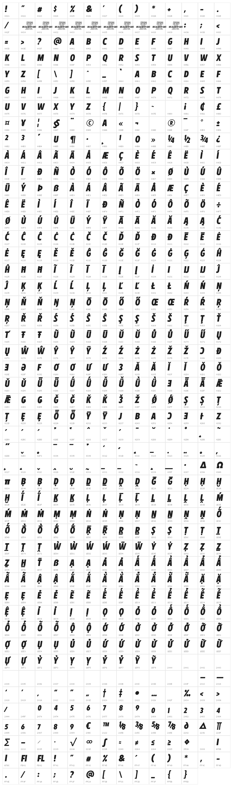 Antry Sans PERSONAL USE ONLY Italic Character Map
