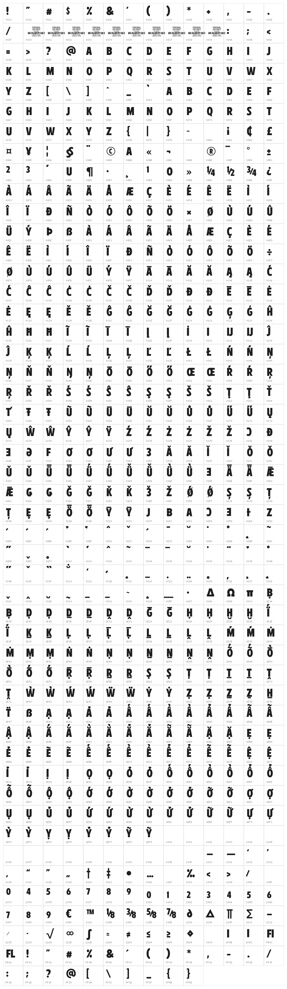 Antry Sans PERSONAL USE ONLY Regular Character Map