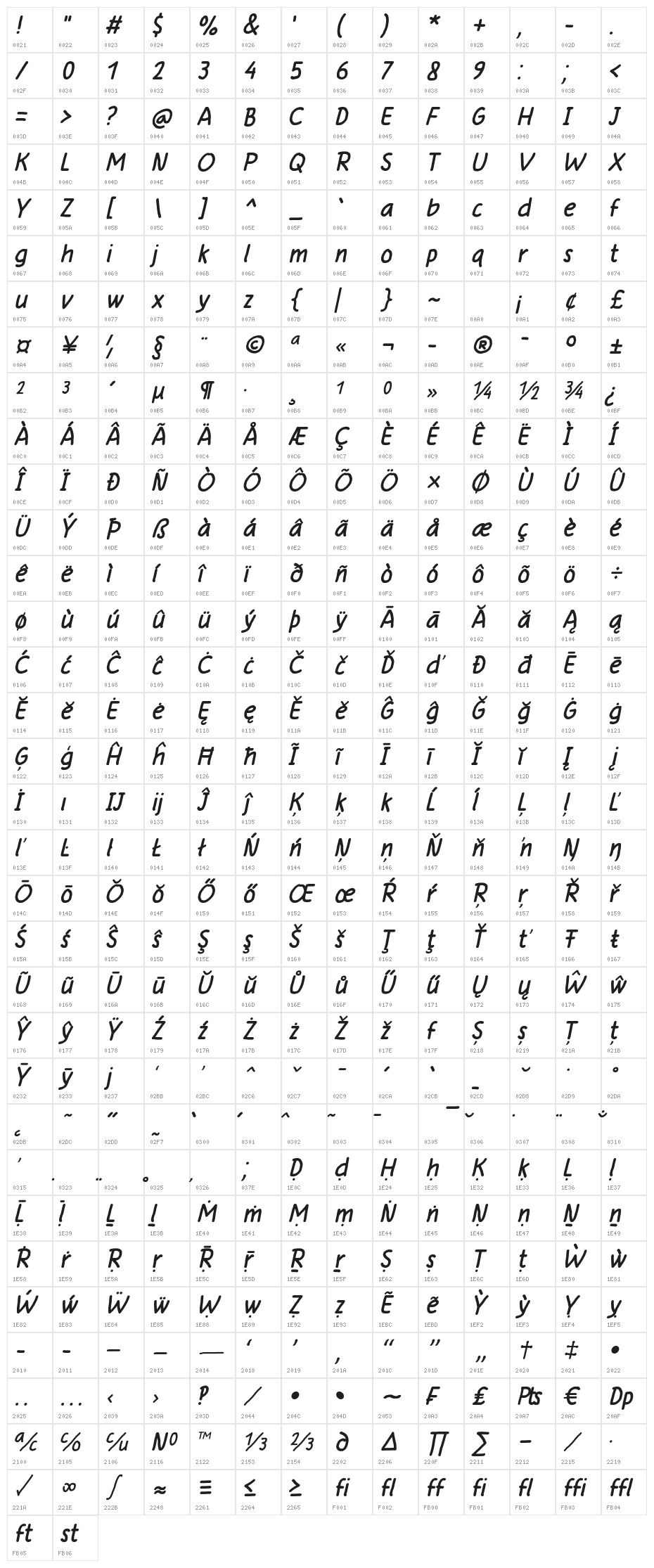Anysome Italic Character Map