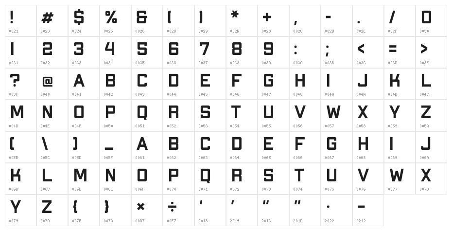 Apex Mk2 Bold Extended Character Map