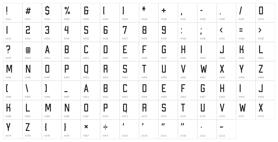 Apex Mk2 Light Condensed Character Map