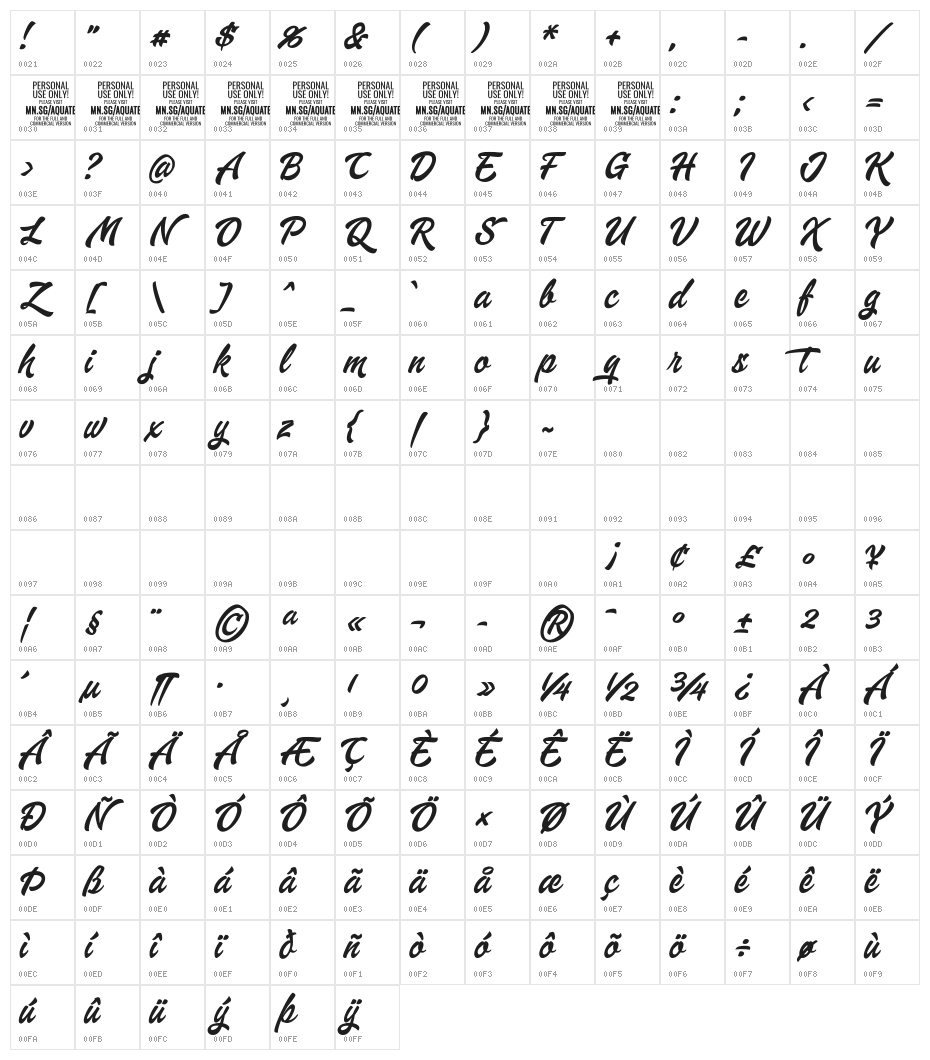 Aquate Script PERSONAL USE ONLY Character Map