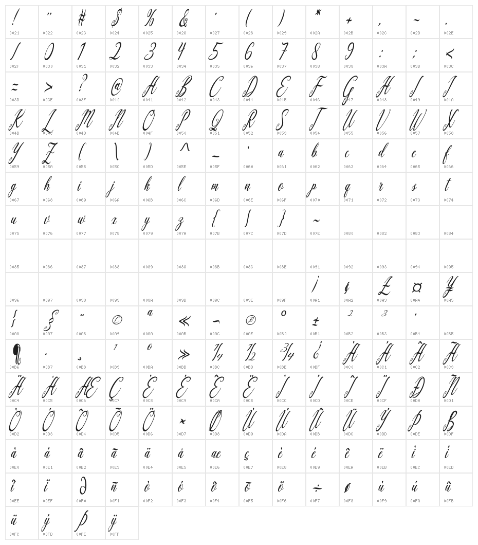 Aquilera Script Regular Character Map