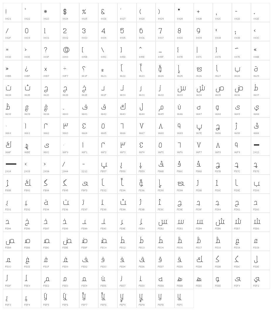 Arabic Cabo Font Character Map