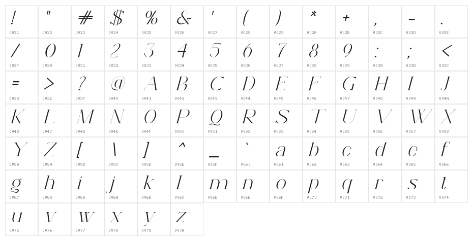 AramezaDemo-Italic Character Map