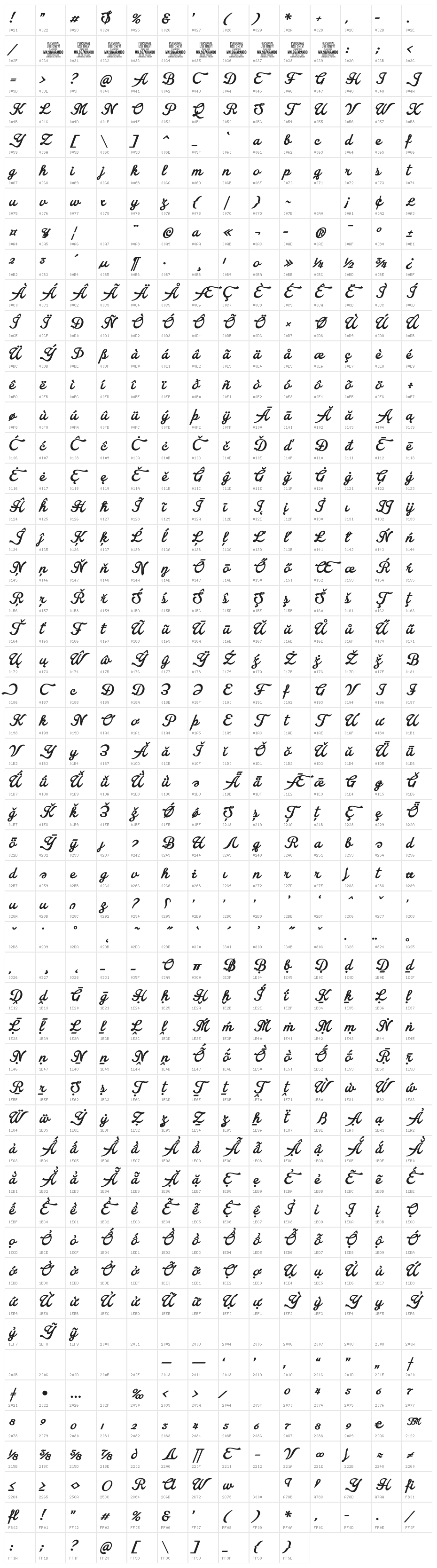Arando Script PERSONAL USE Bold Character Map
