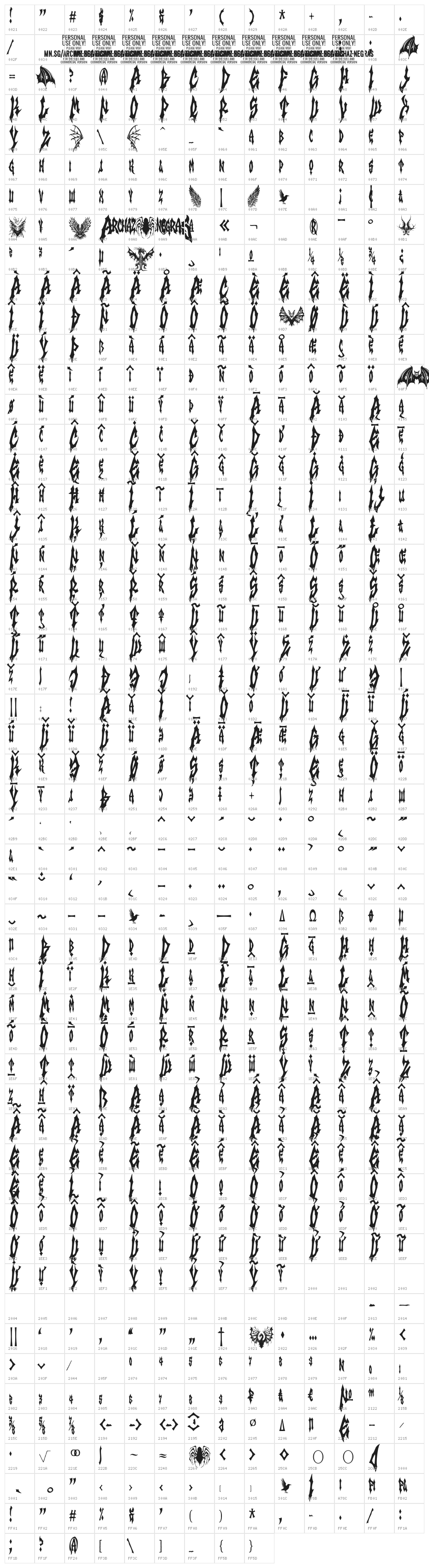 Archaz Negras PERSONAL USE Regular Character Map