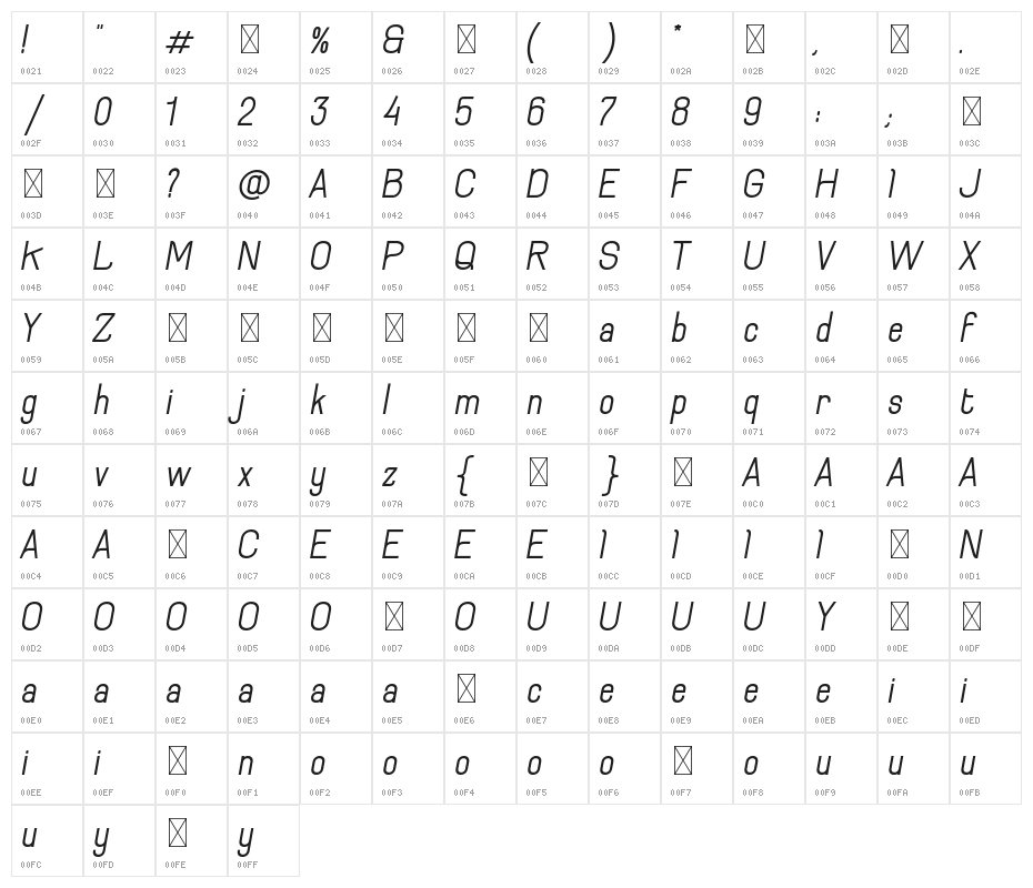 Archee Demo Italic Character Map