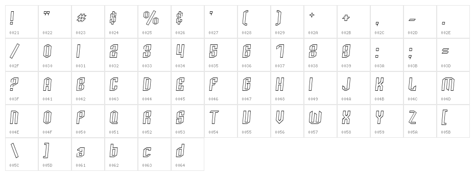 Archery Black Outline Italic Character Map