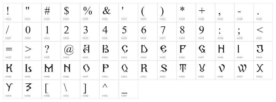 ArhaicRegular Character Map