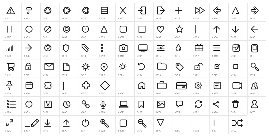 Arista Pro Icons Light Character Map
