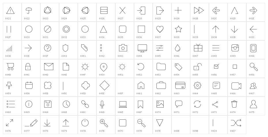 Arista Pro Icons Thin Character Map