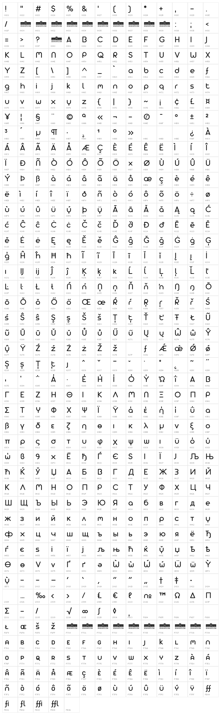 AristaProAlternate Character Map