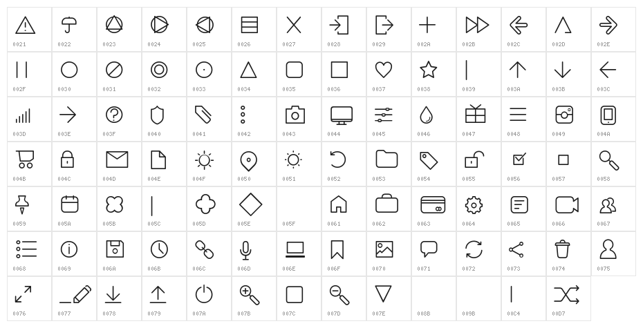 Aristotelica Icons ExtraLight Character Map